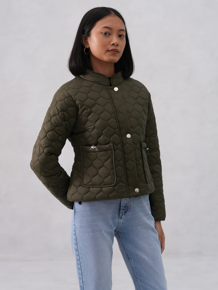 Green Quilted High-Neck Jacket