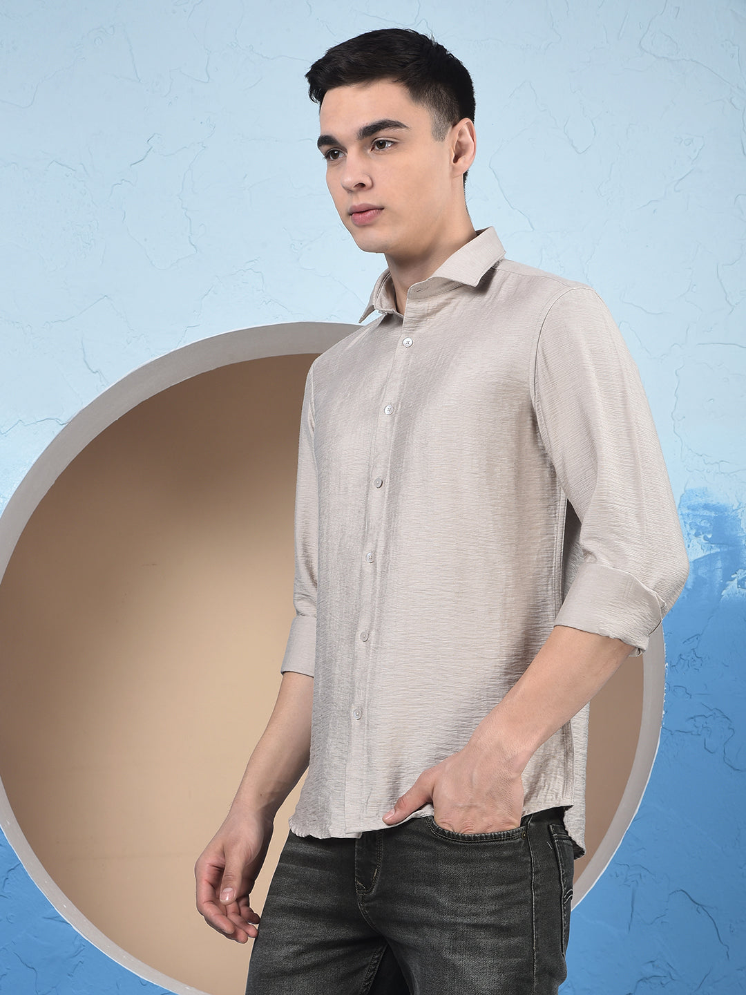 Classic Beige Slub Textured Shirt