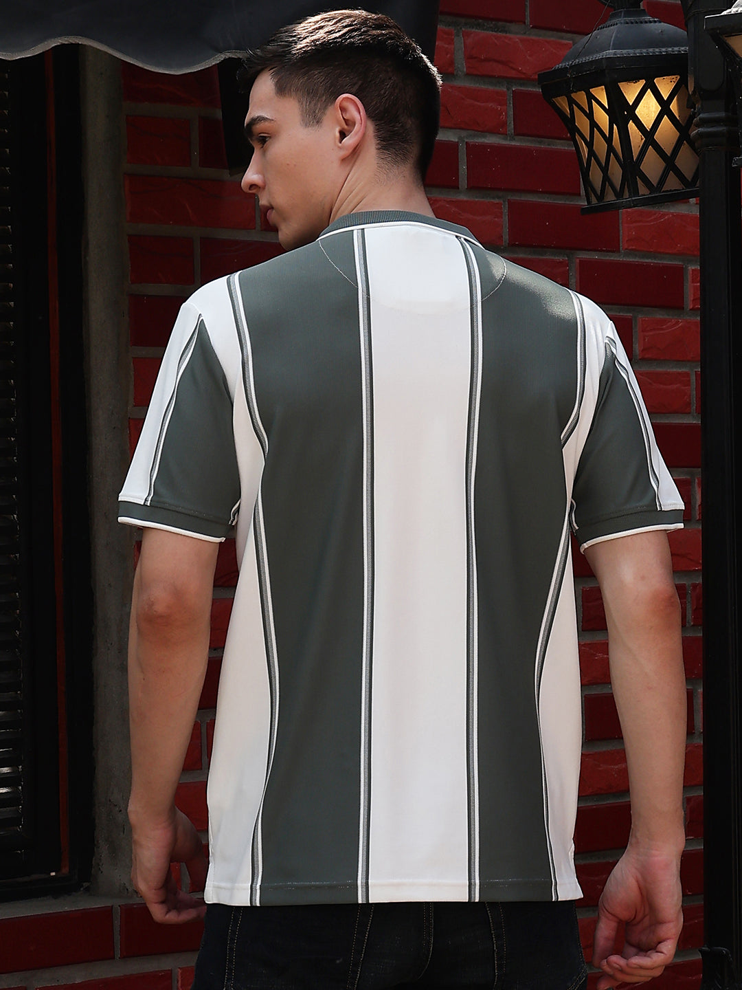 Green Vertical Striped Polo Neck T-Shirt
