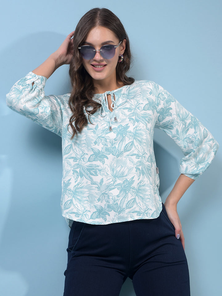 Green Floral Print Top-Women Tops-Crimsoune Club