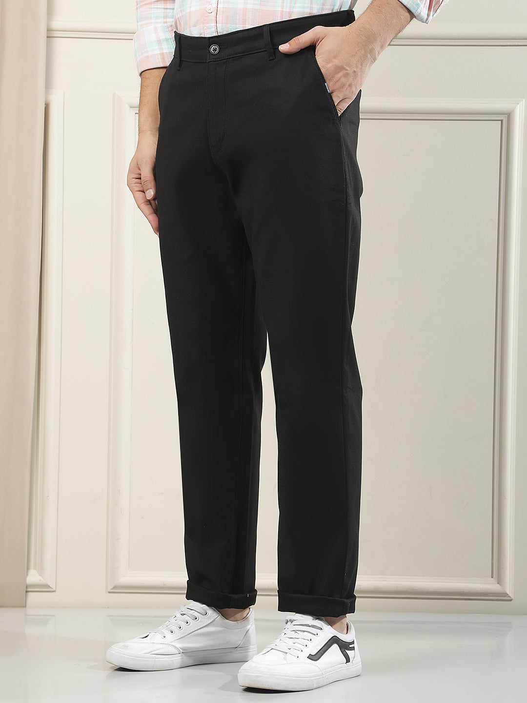 Black Cotton Stretchable Dobby Trousers