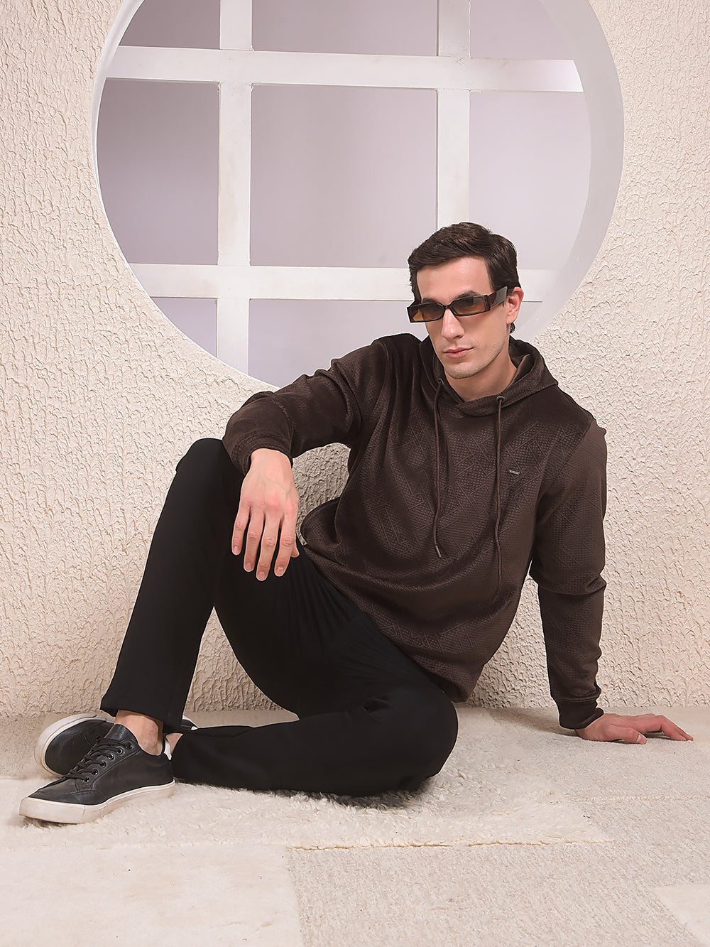 Brown Jacquard Hooded Neck Sweatshirt