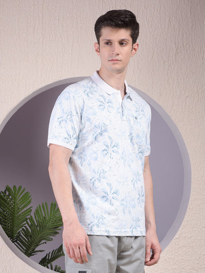 Blue Floral Print Polo-Neck T-Shirt
