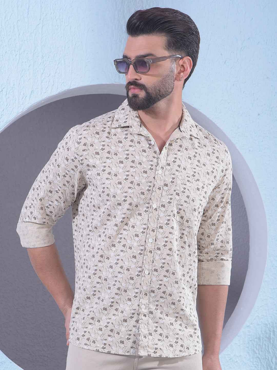 Beige Linen Floral Print Shirt