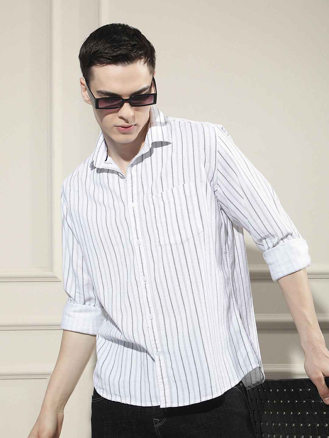 White Vertical Stripes 100% Cotton Corduroy Shirt