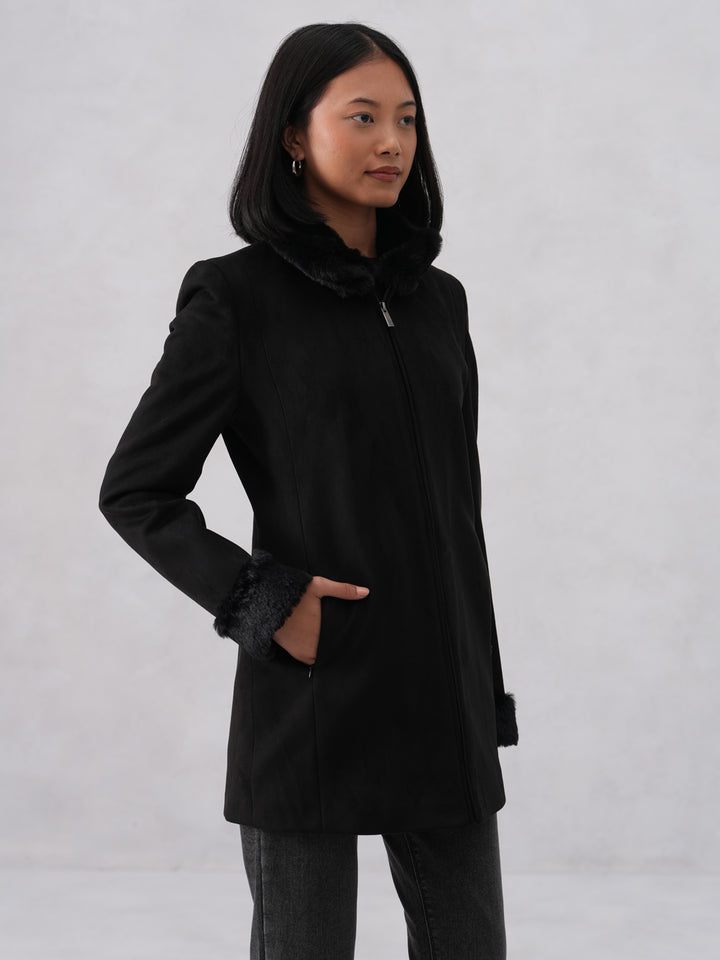 Faux Fur Trim Black Coat
