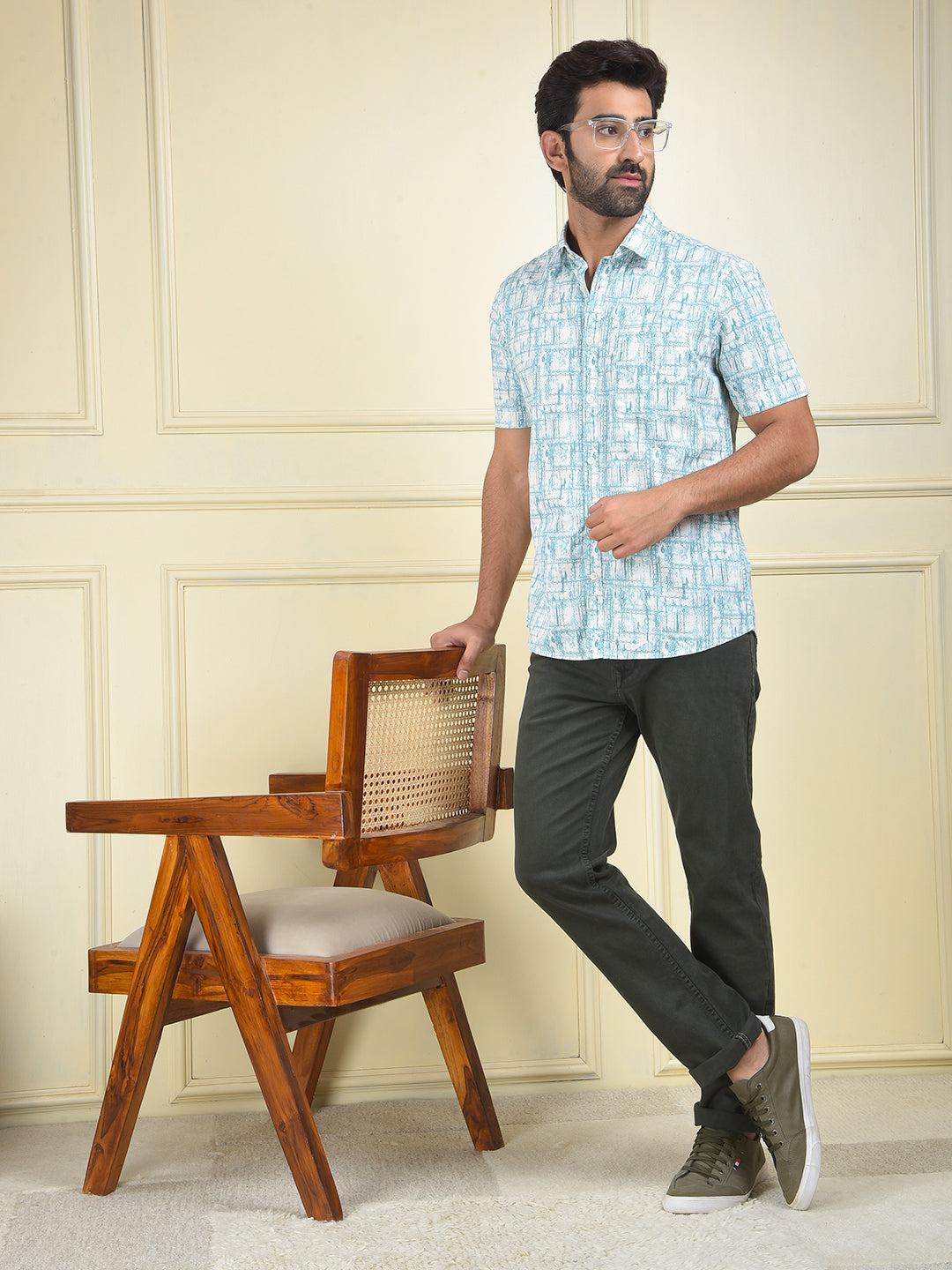 Smart Fit Green Printed Shirt
