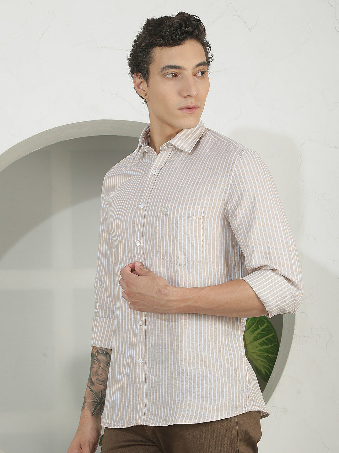 Tan Vertical Stripes Linen Shirt
