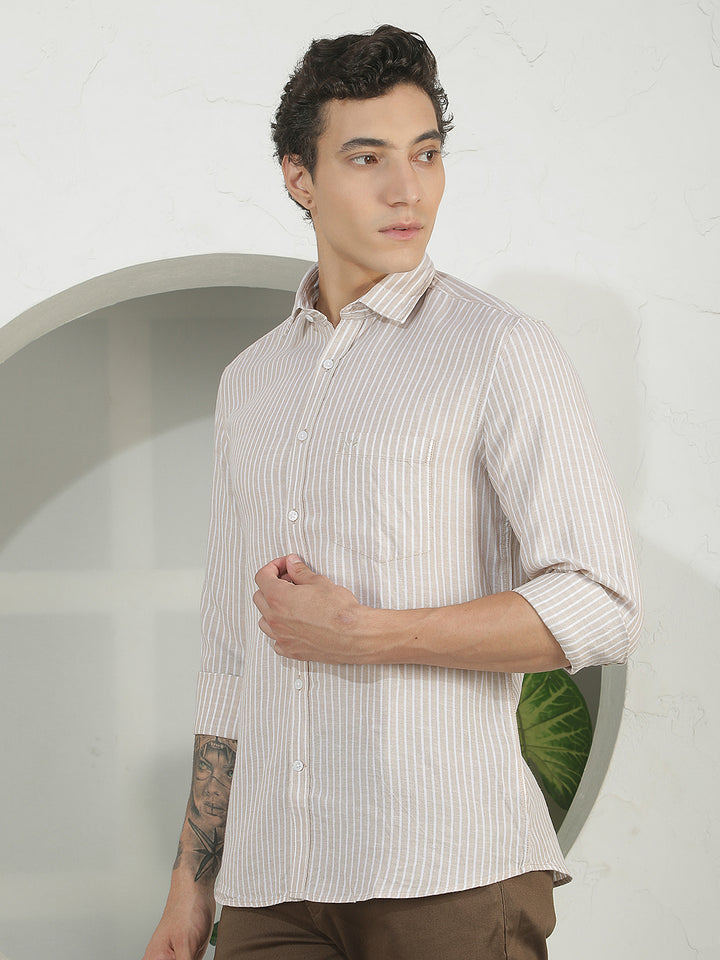 Tan Vertical Stripes Linen Shirt
