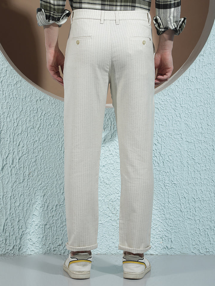 Off White Vertical Striped Linen Trousers