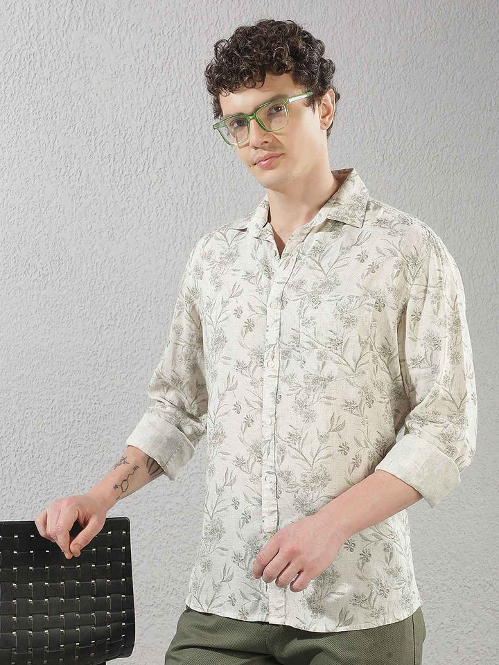 Linen Olive Floral Print Shirt