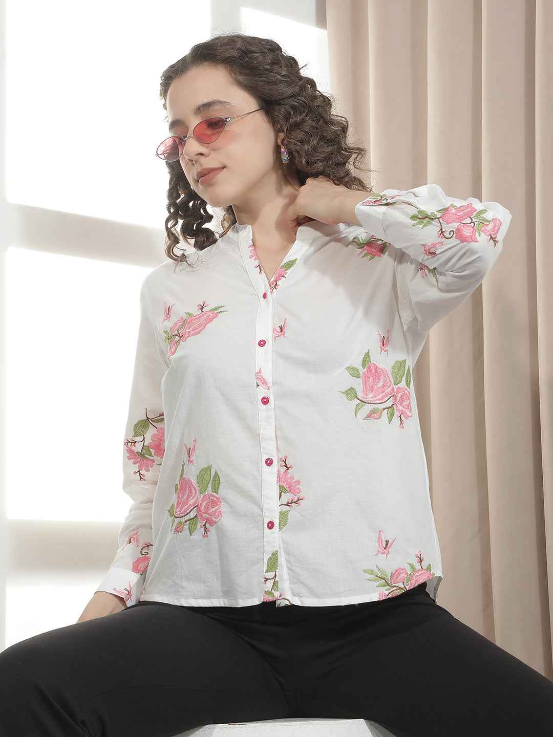 White 100% Cotton Floral Shirt