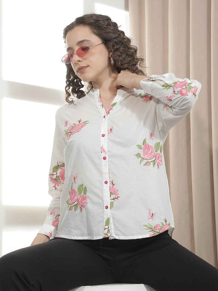 White 100% Cotton Floral Shirt