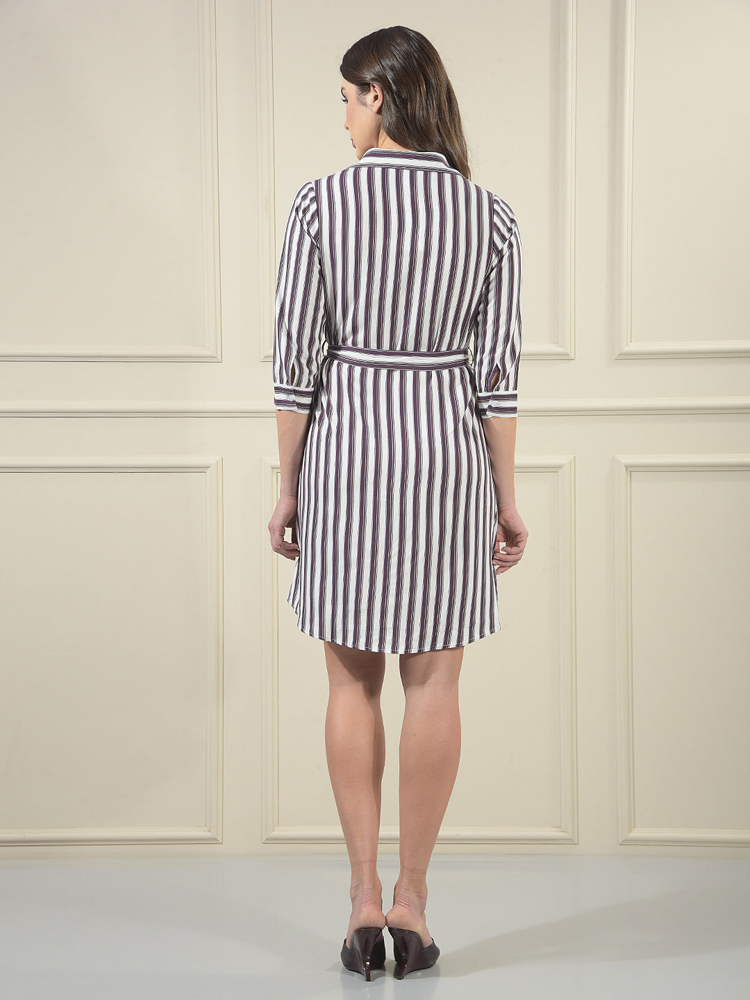 Purple Vertical Stripes Belted Mini Shirt-Dress