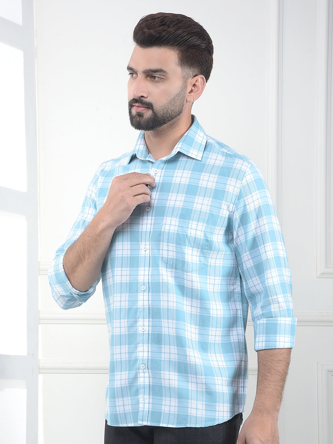 Stratum Ice Blue Checked 100% Cotton Shirt