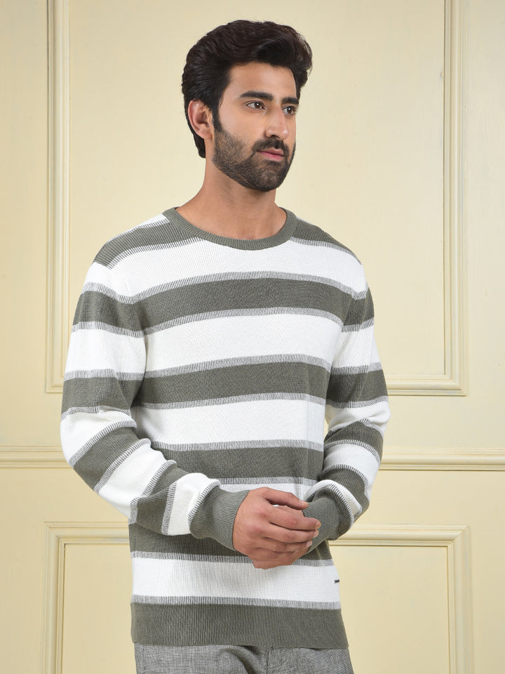Olive Horizontal Stripes 100% Cotton Sweater