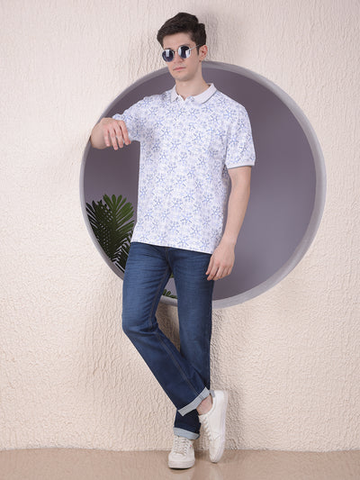Blue Floral Print Polo-Neck T-Shirt