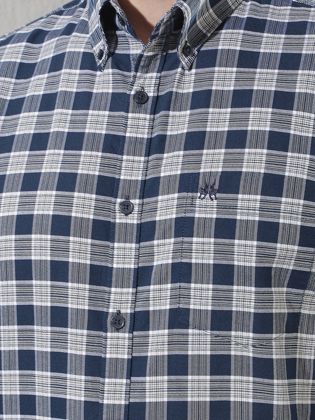 Navy Blue Checked Button-Down Collar 100% Cotton Shirt