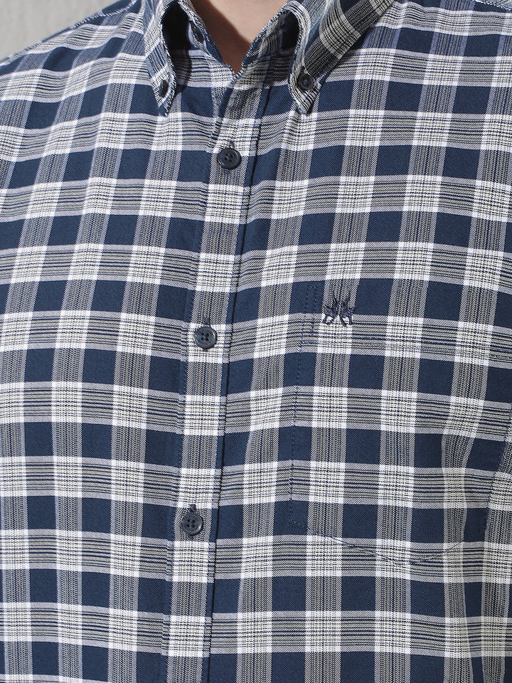 Navy Blue Checked Button-Down Collar 100% Cotton Shirt