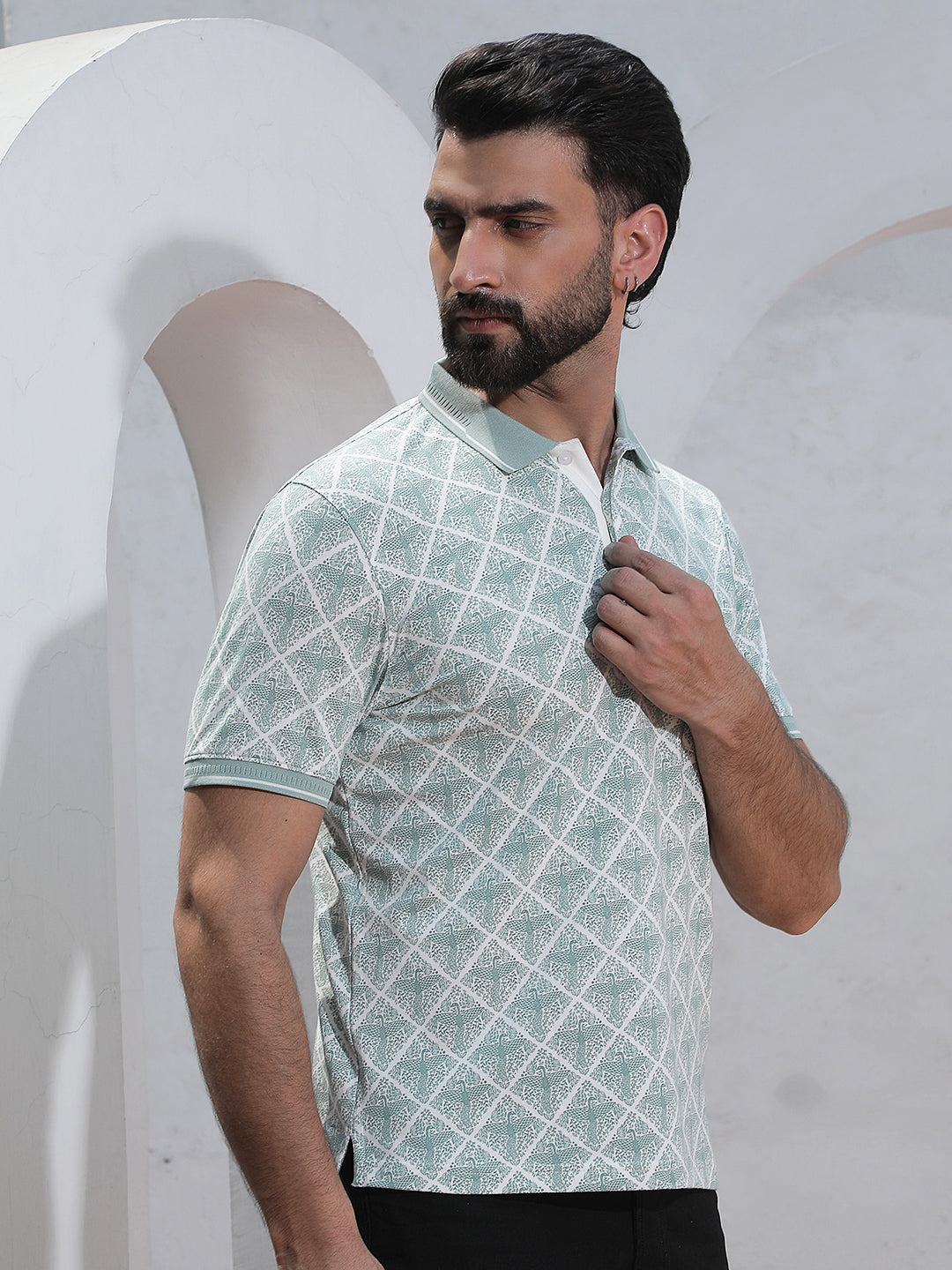 Green Printed Polo Neck T-Shirt