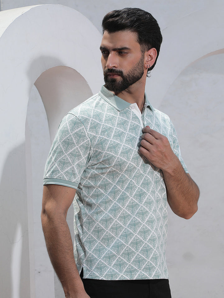 Green Printed Polo Neck T-Shirt
