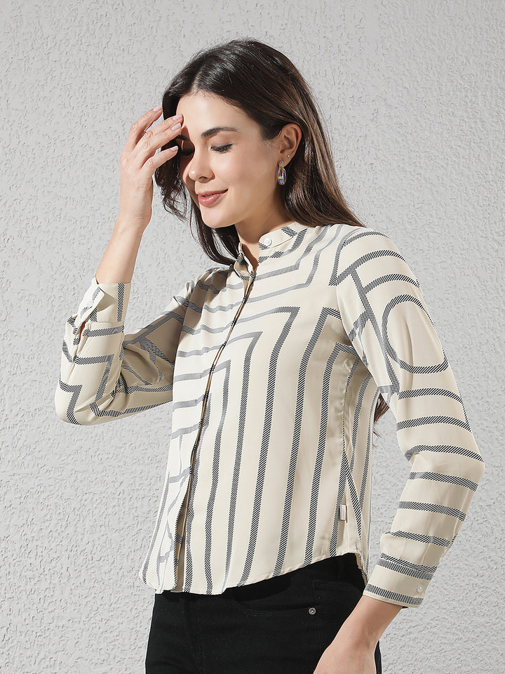 Beige Printed V-Neck Shirt