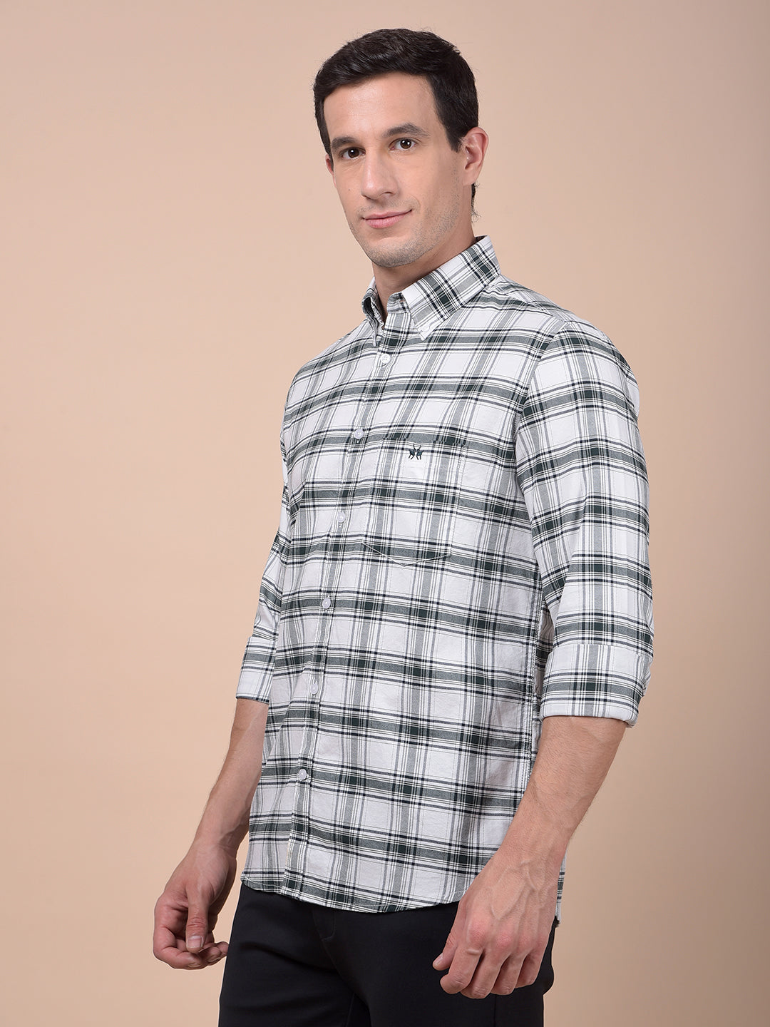 Green Checked Button-Down Collar 100% Cotton Shirt