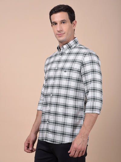 Green Checked Button-Down Collar 100% Cotton Shirt