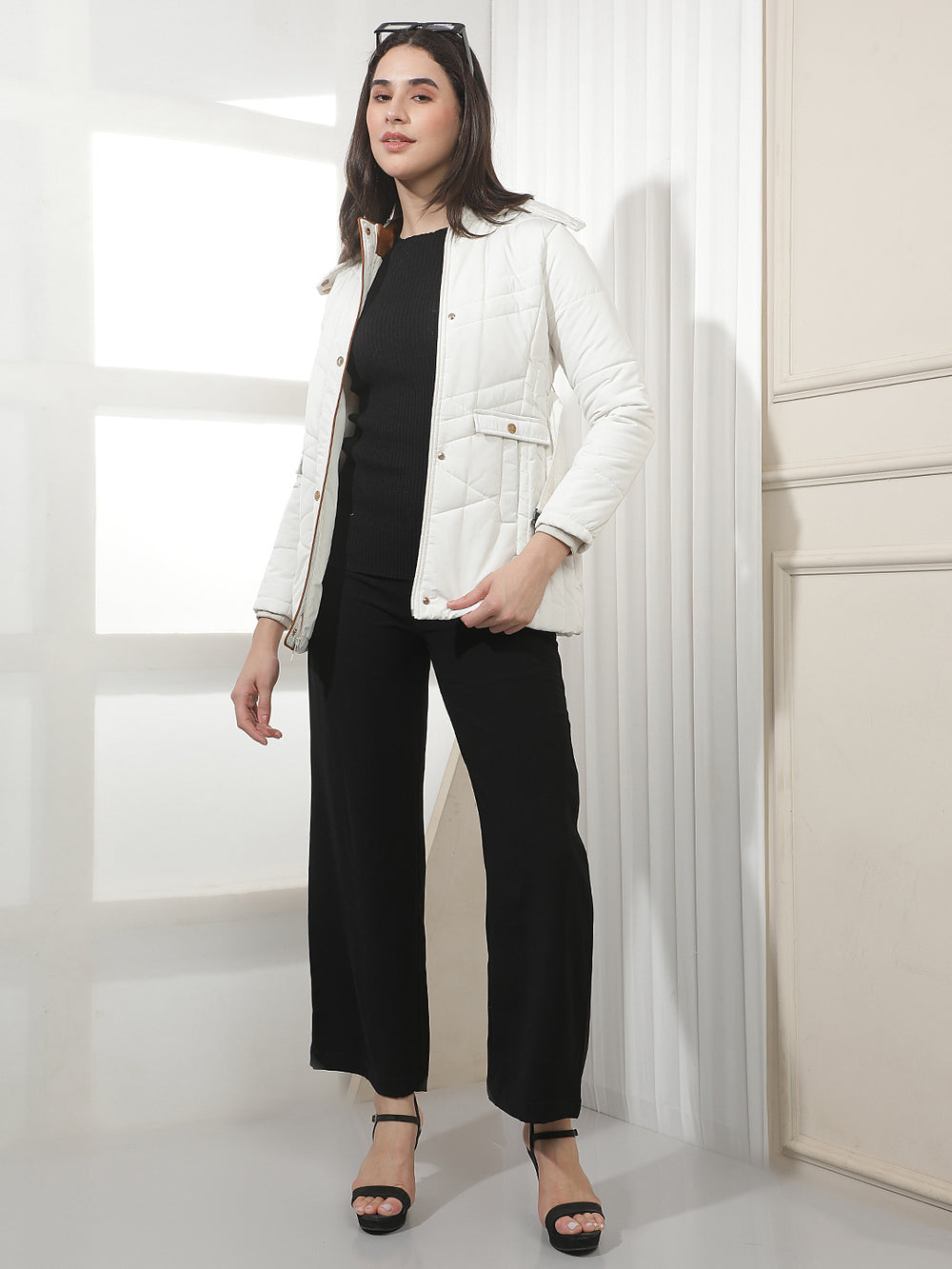 Cream Hooded Puffer Jacket With Belt
