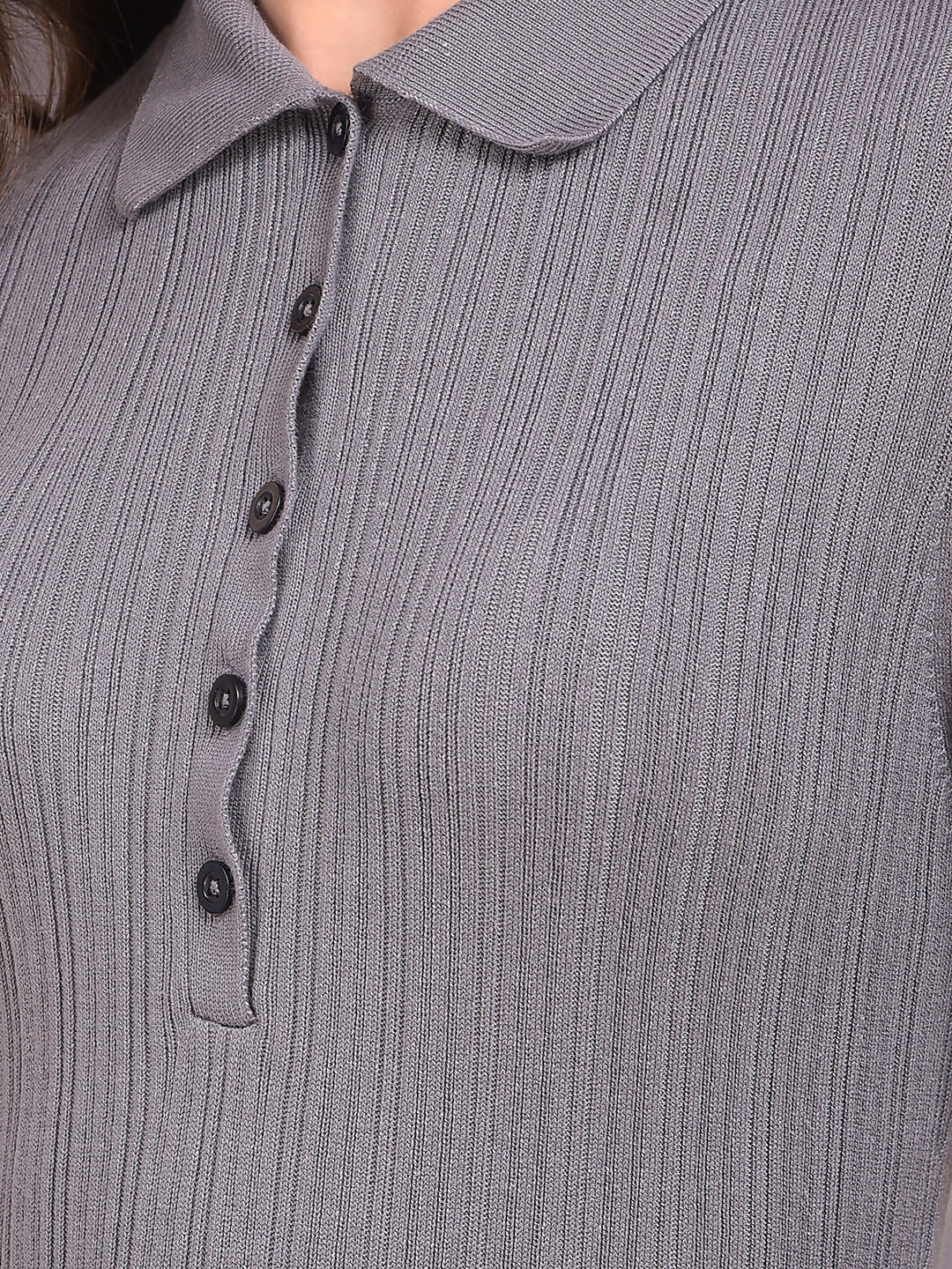 Grey Vertical Stripes Polo Neck Bodycon Dress