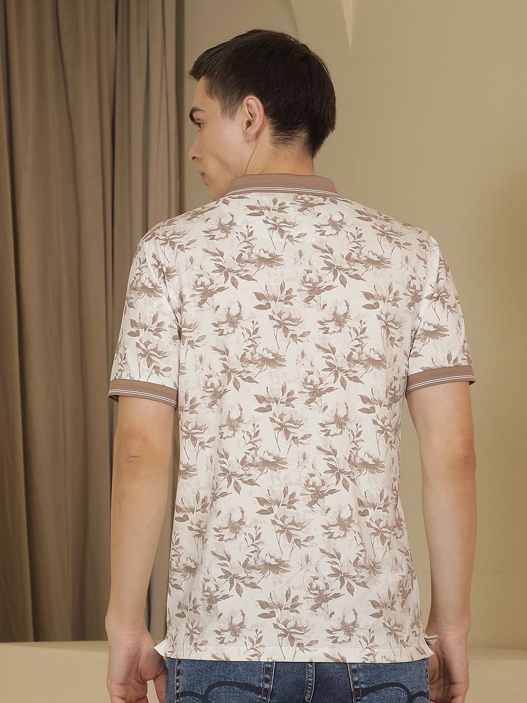 Brown Floral Print Polo Neck T-Shirt