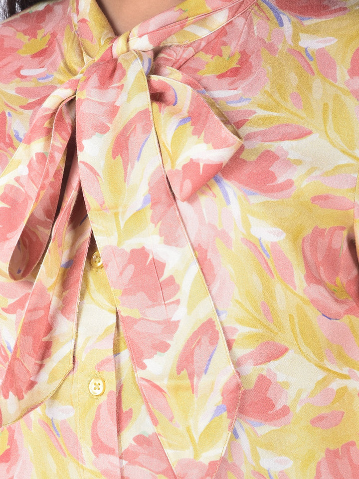 Orange Floral Print Tie-Up Neck Shirt