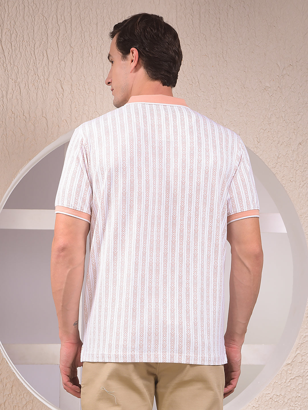 Peach Vertical Stripes Polo Neck T-Shirt