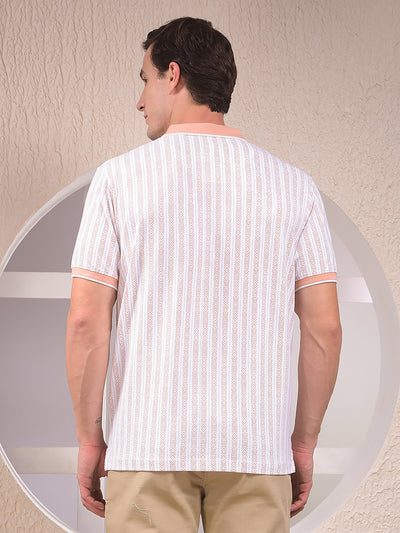 Peach Vertical Stripes Polo Neck T-Shirt