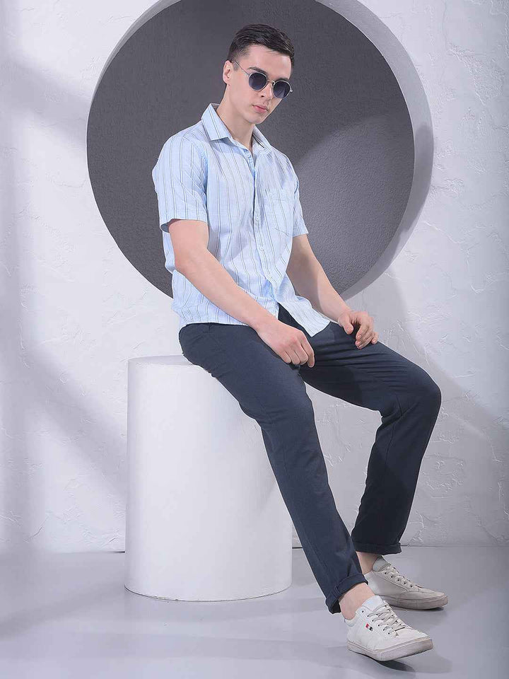 Blue Vertical Striped 100% Cotton Shirt