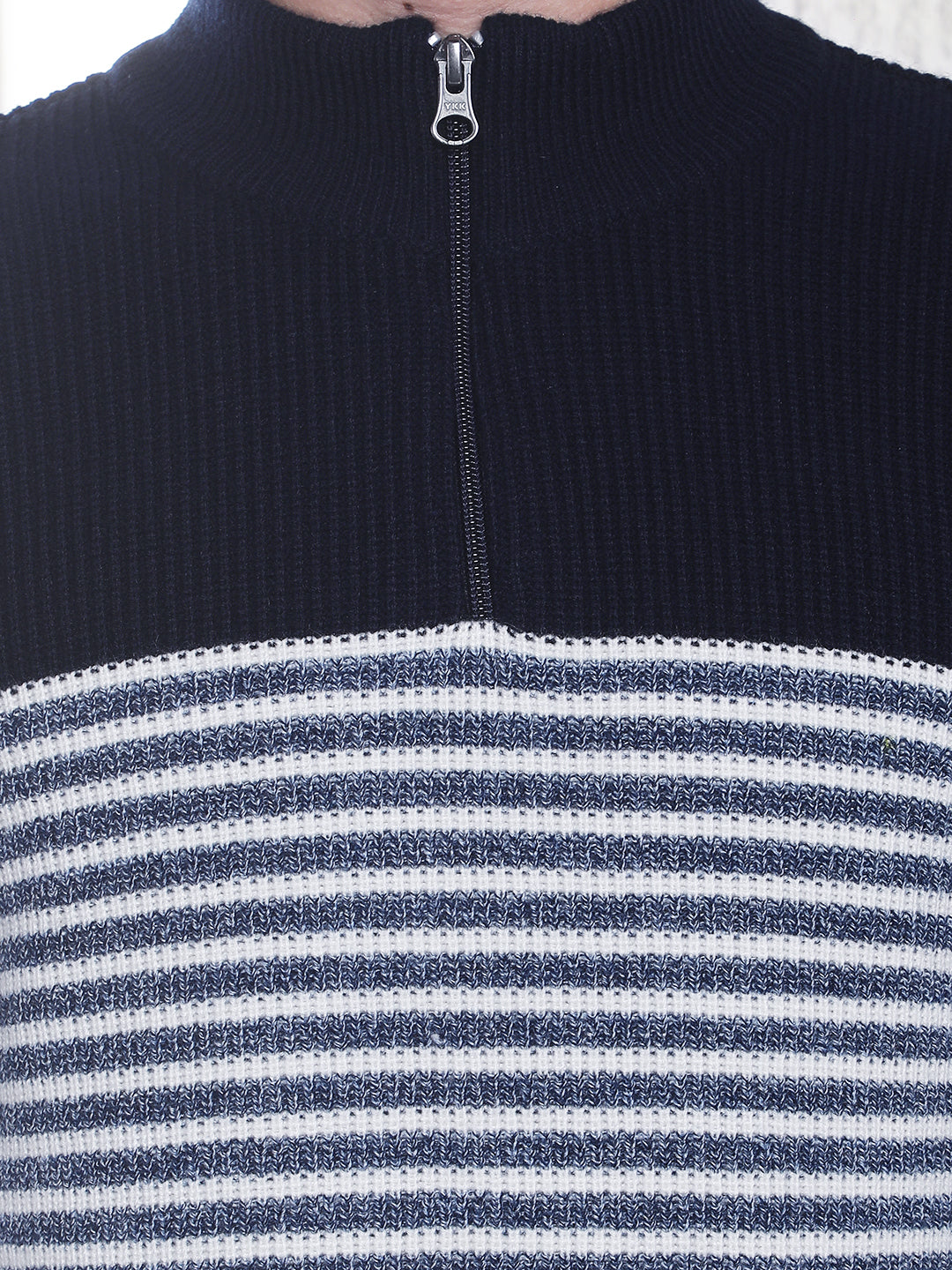 Navy Blue Horizontal Stripes High Neck Sweater