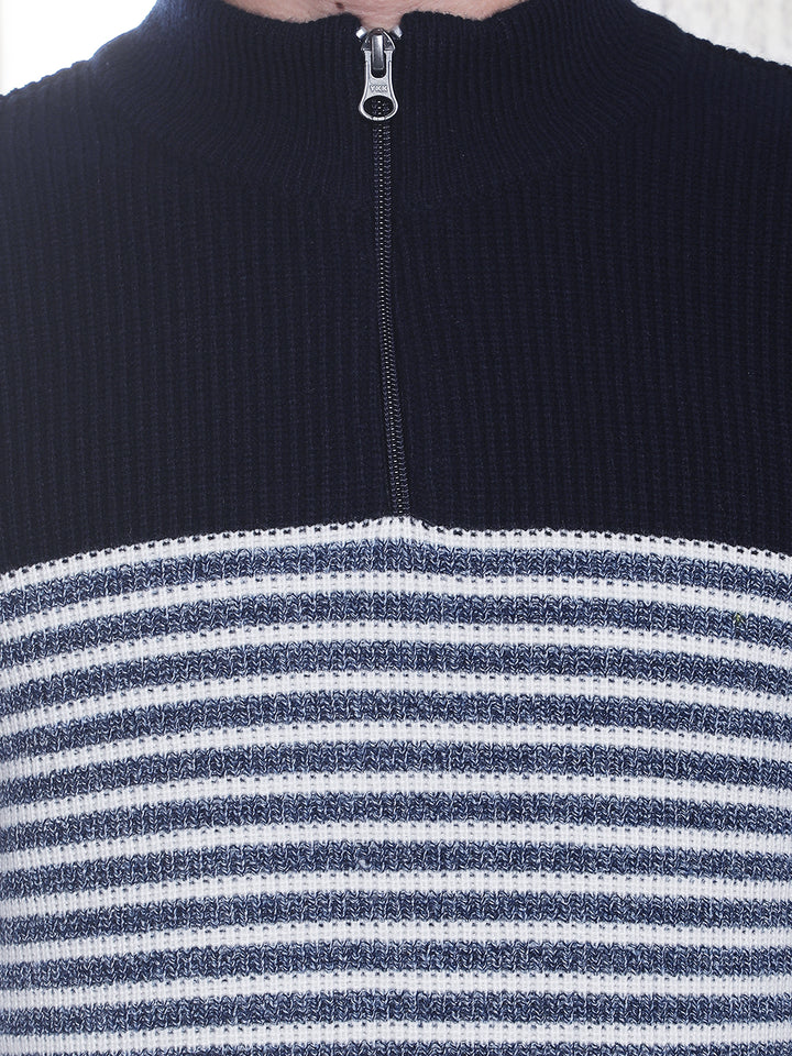 Navy Blue Horizontal Stripes High Neck Sweater
