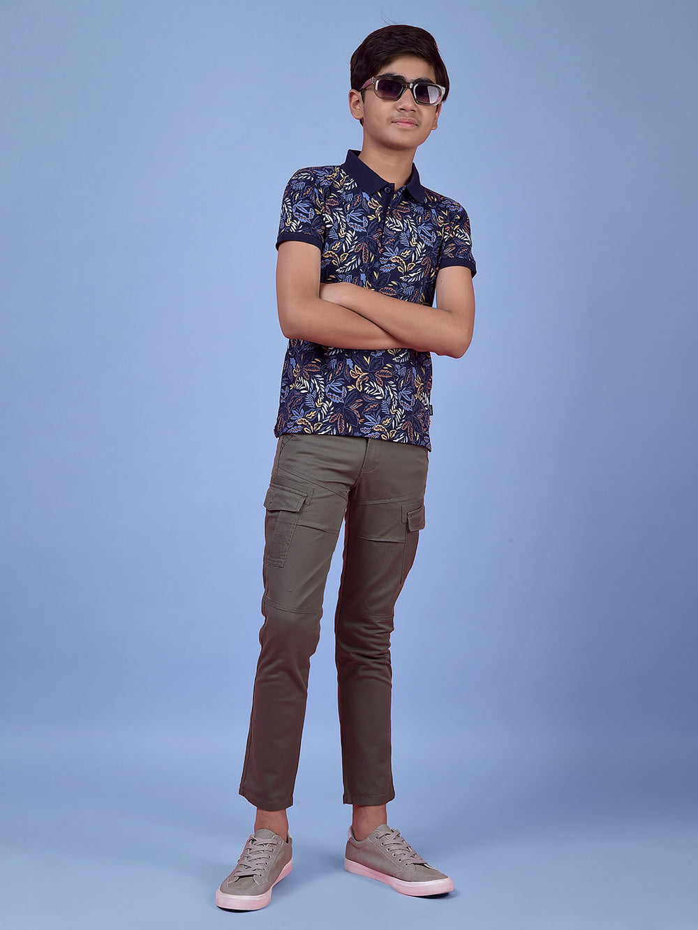 Blue Floral Print Polo Neck T-Shirt
