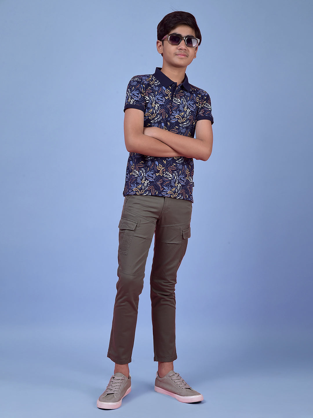 Blue Floral Print Polo Neck T-Shirt