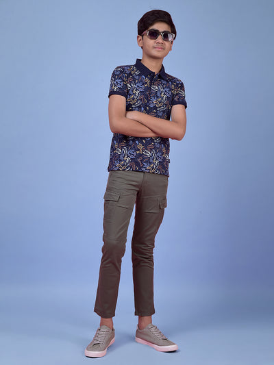 Blue Floral Print Polo Neck T-Shirt