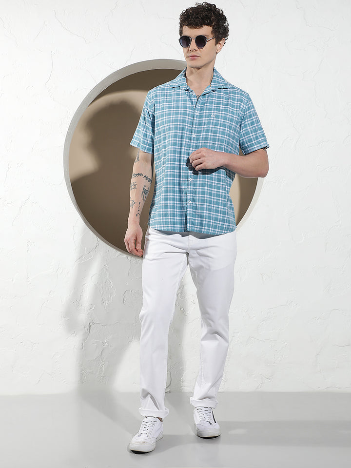 Structured Ocean Blue Checked Shirt