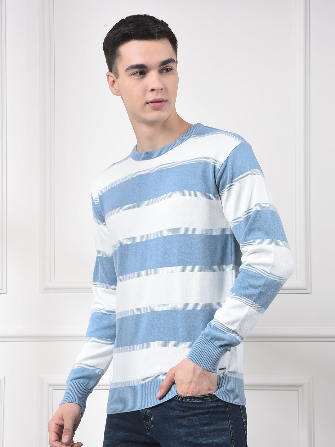 Blue Horizontal Stripes 100% Cotton Sweater