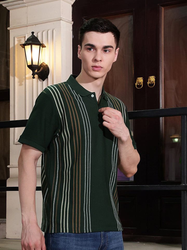 Olive Vertical Stripes Polo Neck T-Shirt