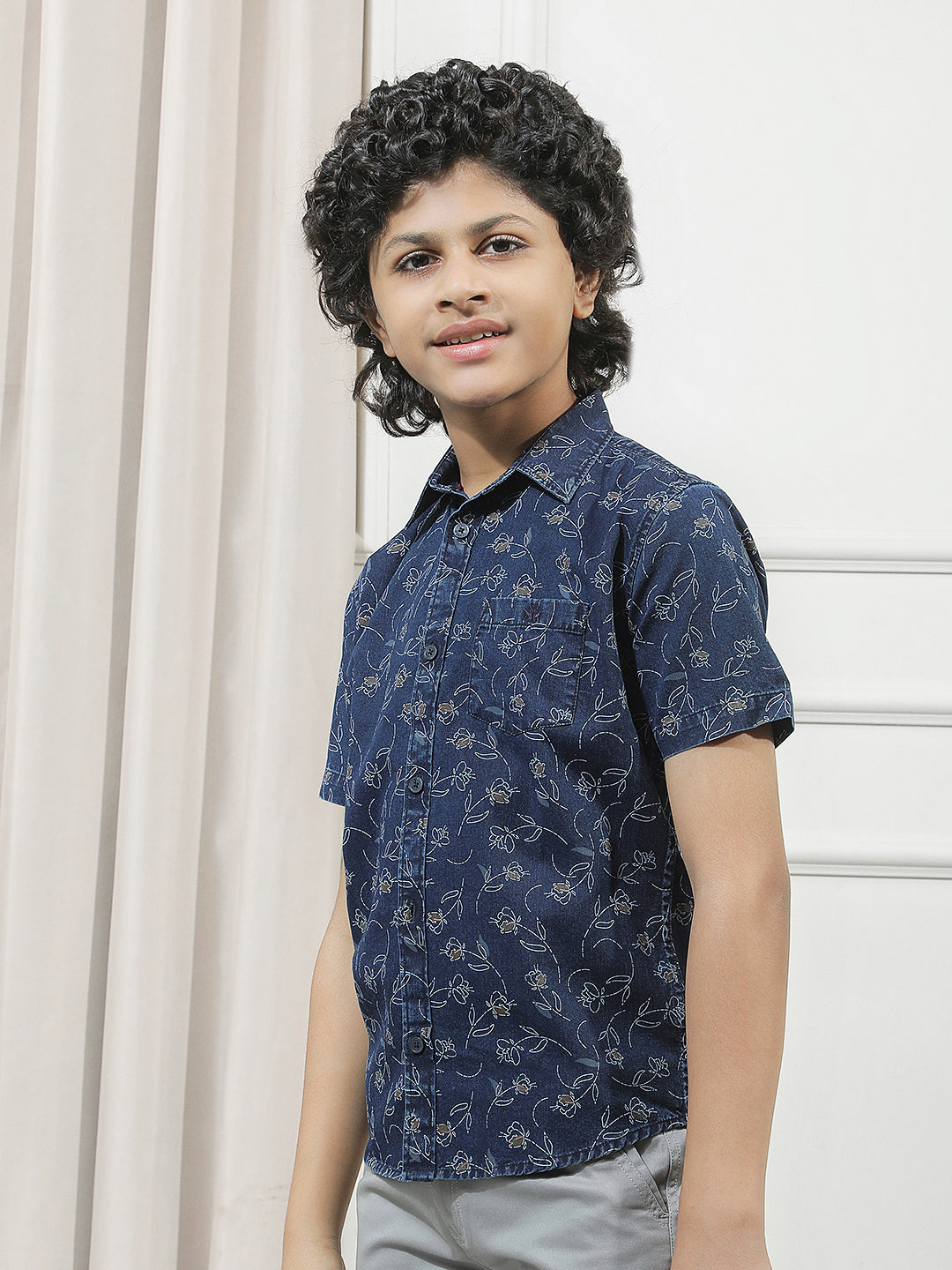 Navy Blue 100% Cotton Floral Print Shirt