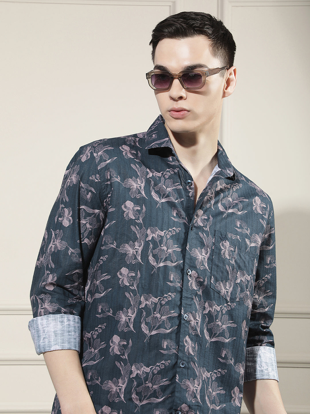 Navy Blue Floral Print Shirt