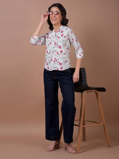 Green Floral Print V-Neck Linen Top
