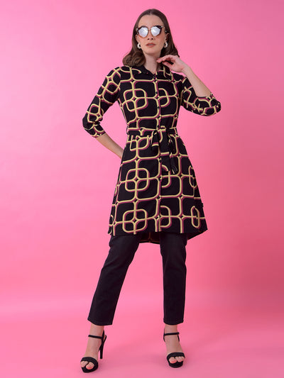 Black Printed Knee Length Shirt