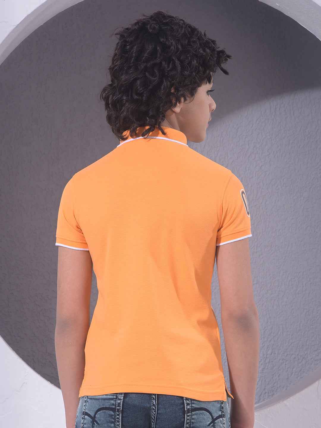 Orange Typographic Print Polo Neck T-Shirt