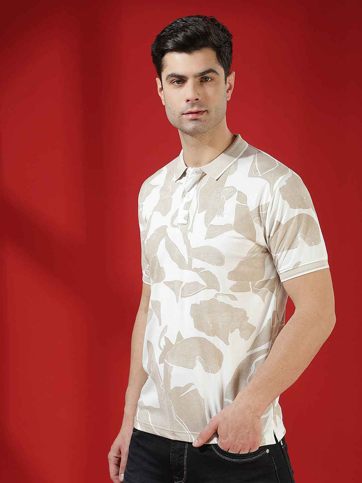 Beige Camouflage Print Polo T-Shirt