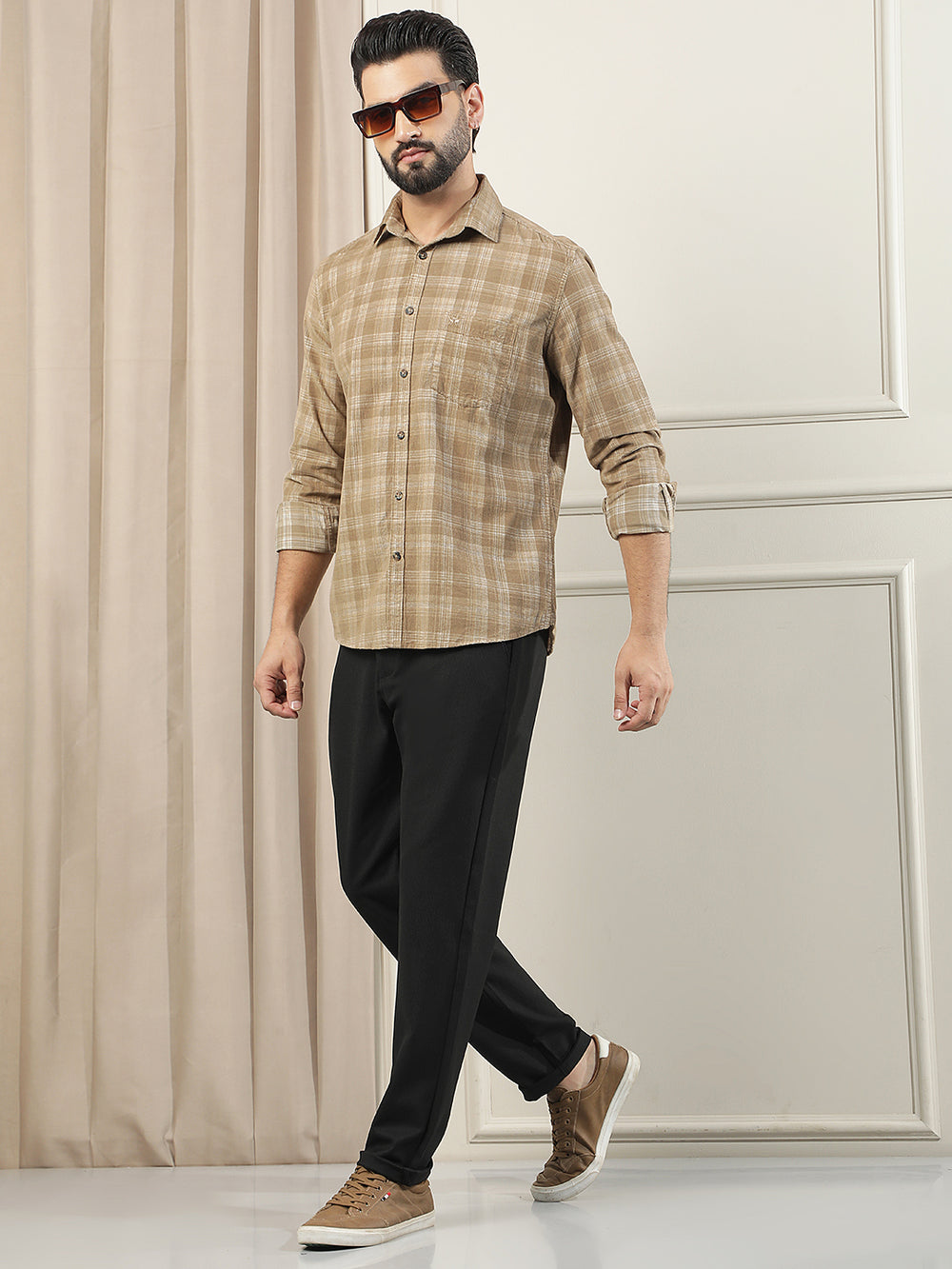 Brown Checked 100% Cotton Corduroy Shirt